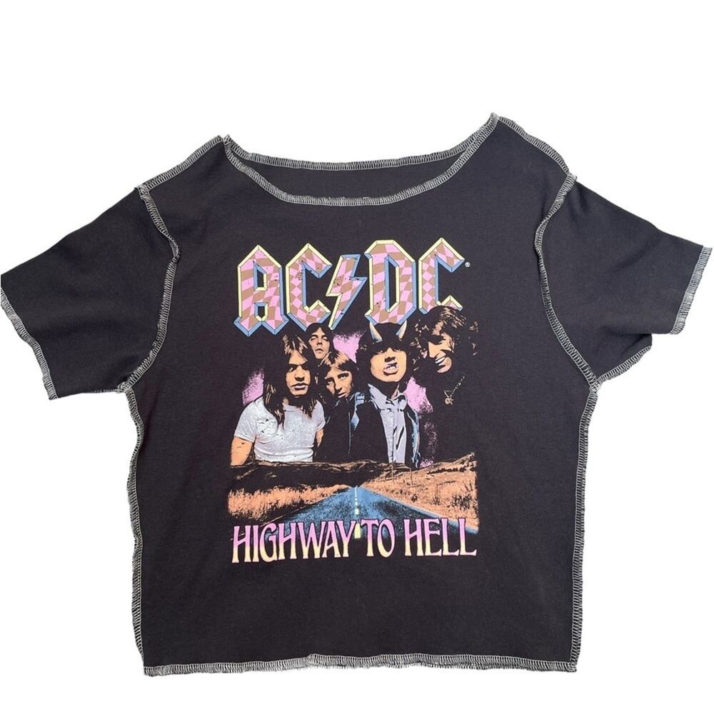 AC/DC Crop Top Women Small HIGHWAY TO HELL Grunge Rock Band Graphic Tee Gray